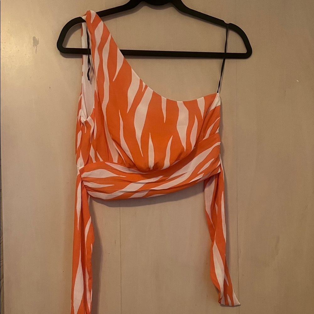 H&M One-Shoulder Orange and White Zebra Crop Top